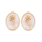 Brass Birth Floral Pendants, Oval with Flower Mother of Pearl White Shell Charms, Nickel Free, Real 18K Gold Plated, March Daffodil, 27x18x4mm, Hole: 1.8mm(KK-S364-293)