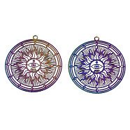 Ion Plating(IP) 201 Stainless Steel Filigree Pendants, Etched Metal Embellishments, Flat Round with Sun, Rainbow Color, 32.5x30x0.3mm, Hole: 1.6mm(STAS-S118-026)