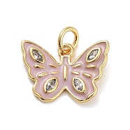 Rack Plating Brass Micro Pave Clear Cubic Zirconia Pendants, with Enamel, with Jump Ring, Long-Lasting Plated, Lead Free & Cadmium Free, Real 18K Gold Plated, Butterfly, Pink, 11.5x16x1.5mm, Hole: 3mm(KK-Z064-04G)