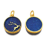 Alloy Enamel Pendants, Cadmium Free & Lead Free, with Glitter Powder and Jump Rings, Matte Gold Color, Flat Round with Deer, Dark Blue, 17x14x2.5mm, Jump Ring: 5x1mm, 3mm inner diameter(ENAM-N056-039)