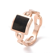 Black Acrylic Square Finger Ring, Ion Plating(IP) 304 Stainless Steel Jewelry for Women, Rose Gold, US Size 7(17.3mm)(RJEW-D120-08B-RG)