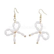 Dyed Natural Shell Beaded Bowknot Dangle Earrings, Brass Jewelry for Women, Real 18K Gold Plated, White, 61x37mm(EJEW-TA00501)