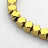 Electroplate Non-magnetic Synthetic Hematite Beads Strands, Faceted Cube, Golden Plated, 4x4x4mm, Hole: 1mm, about 103pcs/strand, 15.7 inch(G-J212A-03)