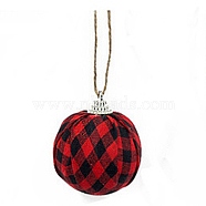 Foam and Plastic with Cloth Ball Christmas Tree Decorations, with Hemp Rope, Round with Plaid Pattern, Red, 59x48mm, Hole: 2.5mm, Hemp Rope: 220x0.5mm(DIY-SZC0002-07B)