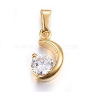 304 Stainless Steel Charms, with Cubic Zirconia, Moon, Clear, Golden, 15x8.5x4mm, Hole: 5x3mm(X-STAS-P216-30G)