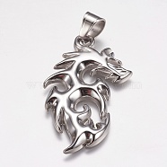 304 Stainless Steel Big Pendants, Dragon, Stainless Steel Color, 53x30x3mm, Hole: 7x9mm(STAS-K171-21P)
