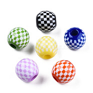 Opaque Resin European Beads, Large Hole Beads, Round with Tartan Pattern, Mixed Color, 19.5x18mm, Hole: 6mm(RESI-N022-11)