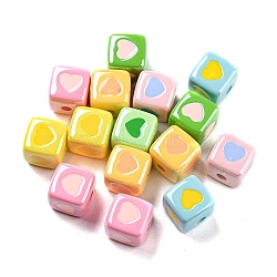 Opaque Colourful Acrylic Enamel Beads, Cube with Heart Beads, Mixed Color, 12.6x15.9x15.9mm, Hole: 3.5mm(X-OACR-L001-03)