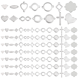 Elite 112Pcs 14 Styles 201 Stainless Steel Connector Charms, Heart & Flat Round & Oval & Cross & Flower & Rhombus, Stainless Steel Color, 8~23x5~21.5x0.8~1.2mm, Hole: 1~1.6mm, 8pcs/style(STAS-PH0004-31)