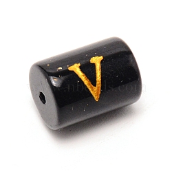 Painted Glass Beads, Black Column with Gold Letter, Letter.V, 13.7x10mm, Hole: 1.5mm(GLAA-TAC0009-01V)