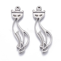 Non-Tarnish 304 Stainless Steel Hollow Pendants, Cut-Out, Cat Shape, Stainless Steel Color, 32x14x2mm, Hole: 1.4mm(STAS-F249-05P)