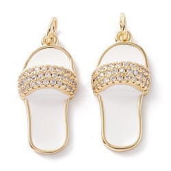 Brass Micro Pave Clear Cubic Zirconia Pendants, with Enamel & Jump Ring, Long-Lasting Plated, Slipper, Real 18K Gold Plated, White, 23x10.5x5.5mm, Hole: 3.6mm(ZIRC-A019-10G)
