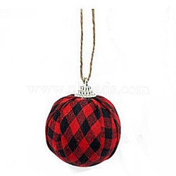 Foam and Plastic with Cloth Ball Christmas Tree Decorations, with Hemp Rope, Round with Plaid Pattern, Red, 59x48mm, Hole: 2.5mm, Hemp Rope: 220x0.5mm(DIY-SZC0002-07B)