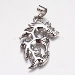 304 Stainless Steel Big Pendants, Dragon, Stainless Steel Color, 53x30x3mm, Hole: 7x9mm(STAS-K171-21P)