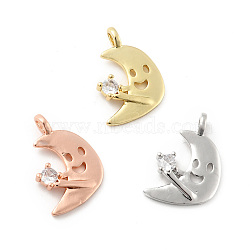 Moon with Smiling Face Brass Micro Pave Clear Cubic Zirconia Pendants, Cadmium Free & Lead Free, Mixed Color, 17x13x2.5mm, Hole: 1.6mm(KK-G425-07)