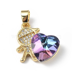 Real 18K Gold Plated Rack Plating Brass Micro Pave Clear Cubic Zirconia Pendants, with Glass, Long-Lasting Plated, Cadmium Free & Lead Free, Boy with Heart Charm, Plum, 19.5x18x7.5mm, Hole: 5.5x3.5mm(KK-C015-21G-05)