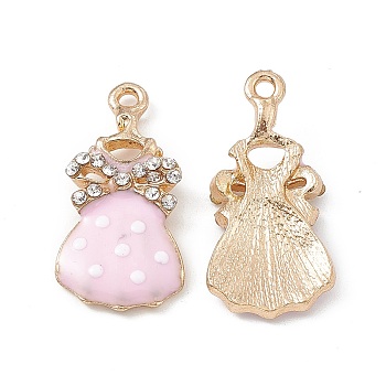 Alloy Rhinestone Pendants, with Enamel, Bowknot Dress with Polka Dots Pattern, Golden, Pink, 27x13x3mm, Hole: 2mm
