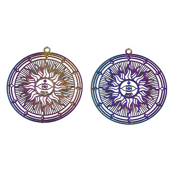 Ion Plating(IP) 201 Stainless Steel Filigree Pendants, Etched Metal Embellishments, Flat Round with Sun, Rainbow Color, 32.5x30x0.3mm, Hole: 1.6mm