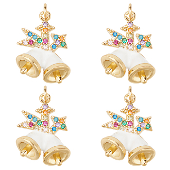 Brass Micro Pave Colorful Grade AAA Cubic Zirconia Pendants, with Enamel and Jump Ring, Long-Lasting Plated, Cadmium Free & Lead Free, Christmas Bell, 20x15x7.5mm, Hole: 2mm, 4pcs