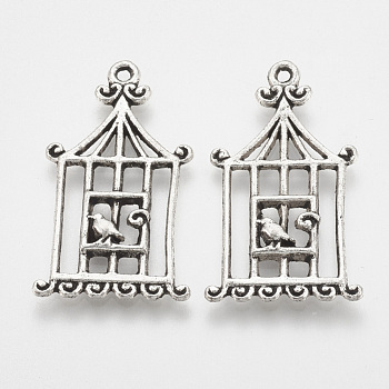 Tibetan Style Alloy Pendants, Birdcage with Bird, Cadmium Free & Lead Free, Antique Silver, 32.5x18.5x2.5mm, Hole: 2mm, about 540pcs/1000g