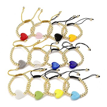 Handmade Lampwork Heart Bracelets, Adjustable 6mm Round Brass Braided Bead Bracelets for Women, Real 18K Gold Plated, Mixed Color, Inner Diameter: 1-7/8~3-1/8 inch(4.8~7.8cm), Heart: 19x20.5x7mm
