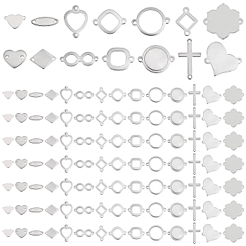 Elite 112Pcs 14 Styles 201 Stainless Steel Connector Charms, Heart & Flat Round & Oval & Cross & Flower & Rhombus, Stainless Steel Color, 8~23x5~21.5x0.8~1.2mm, Hole: 1~1.6mm, 8pcs/style