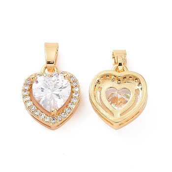 Brass Micro Pave Clear Cubic Zirconia Charms, Heart Charm, Real 18K Gold Plated, 12.5x10.5x5.5mm, Hole: 2.5x5mm