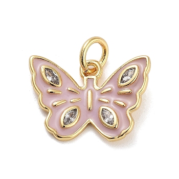 Rack Plating Brass Micro Pave Clear Cubic Zirconia Pendants, with Enamel, with Jump Ring, Long-Lasting Plated, Lead Free & Cadmium Free, Real 18K Gold Plated, Butterfly, Pink, 11.5x16x1.5mm, Hole: 3mm