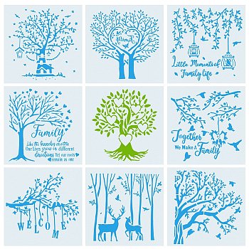 Eco-Friendly PET Plastic Hollow Painting Silhouette Stencil, DIY Drawing Template Graffiti Stencils, Square with Trees Pattern, White, 30x30x0.01cm, 9pcs/set