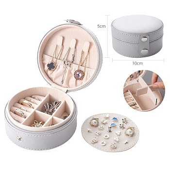 Round PU Leather with Lint Jewelry Storage Box with Snap Button, Travel Portable Jewelry Case, for Necklaces, Rings, Earrings and Pendants, Light Grey, 10x5cm