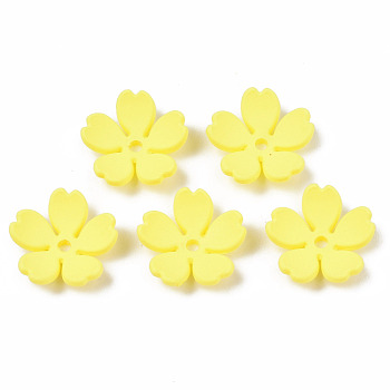 Rubberized Style Opaque Acrylic Bead Caps, 5-Petal, Flower, Yellow, 14.5x15x4.5mm, Hole: 1.7mm