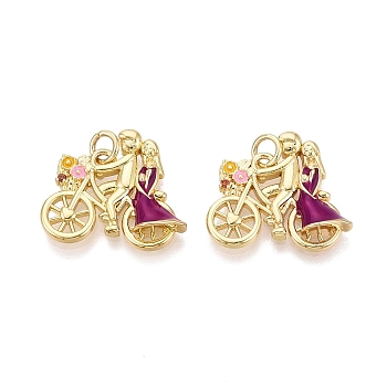 Valentine's Day Brass Enamel Pendants, Bicycle & Human Charms, Real 16K Gold Plated, Dark Violet, 18x20.5x4.5mm, Hole: 3mm, Jump Ring: 5x0.8mm, 3mm Inner Diameter