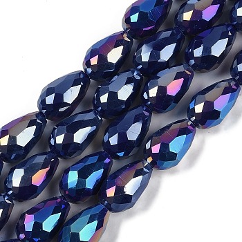 Opaque Solid Color Electroplate Glass Beads Strands, AB Color Plated, Faceted, Teardrop, Midnight Blue, 15x10mm, Hole: 1.6mm, about 46~48pcs/strand, 27.95 inch(71cm)