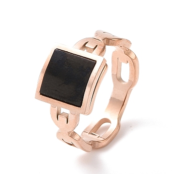 Black Acrylic Square Finger Ring, Ion Plating(IP) 304 Stainless Steel Jewelry for Women, Rose Gold, US Size 7(17.3mm)