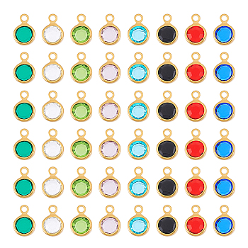 8 Color 304 Stainless Steel with Glass Charms, Faceted Flat Round, Real 18K Gold Plated, 9.5x6.5x2mm, Hole: 1.5mm, 6Pcs/color, 48Pcs/box