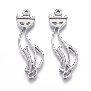 304 Stainless Steel Hollow Pendants, Cut-Out, Cat Shape, Stainless Steel Color, 32x14x2mm, Hole: 1.4mm