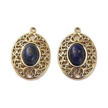 304 Stainless Steel Pave Natural Lapis Lazuli Pendants, Oval Charms, Real 14K Gold Plated, 21x15x5.5mm, Hole: 1.4mm