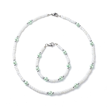 Plastic & Glass Pearl & Seed Beaded Bracelet and Necklace, Jewelry Set for Women, Light Green, 7-1/2 inch(19cm), 440mm