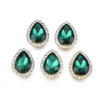 Sew on Rhinestone, Transparent Glass Rhinestone, with Iron Prong Settings, Faceted, Teardrop, Emerald, 18x14x7mm, Hole: 1.6mm