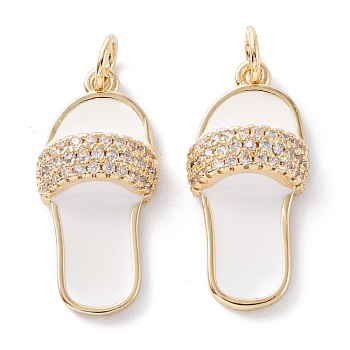 Brass Micro Pave Clear Cubic Zirconia Pendants, with Enamel & Jump Ring, Long-Lasting Plated, Slipper, Real 18K Gold Plated, White, 23x10.5x5.5mm, Hole: 3.6mm