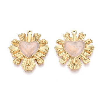 304 Stainless Steel and Enamel Pendants, Heart Charms, Ion Plating(IP), Real 18K Gold Plated, Antique White, 35.5~36.5x32.5~33x4~5mm, Hole: 1.6~2mm