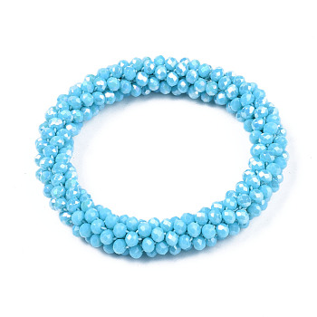 AB Color Plated Faceted Opaque Glass Beads Stretch Bracelets, Womens Fashion Handmade Jewelry, Deep Sky Blue, Inner Diameter: 1-3/4 inch(4.5cm)