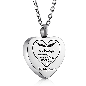 Stainless Steel Heart Urn Ashes Pendant Necklace, Word To My Aunt Memorial Jewelry for Men Women, Stainless Steel Color, 19.69 inch(50cm)