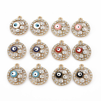 Rack Alloy Enamel Pendants, with Crystal Rhinestone, Cadmium Free & Nickel Free & Lead Free, Flat Round with Eye, Light Gold, Mixed Color, 20x17x3.5mm, Hole: 1.5mm