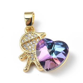 Real 18K Gold Plated Rack Plating Brass Micro Pave Clear Cubic Zirconia Pendants, with Glass, Long-Lasting Plated, Cadmium Free & Lead Free, Boy with Heart Charm, Plum, 19.5x18x7.5mm, Hole: 5.5x3.5mm