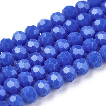Opaque Glass Beads Stands, Faceted(32 Facets), Round, Royal Blue, 3~3.5mm, Hole: 0.6mm, about 174~175pcs/strand, 21.18''~21.34''(53.8~54.2cm)
