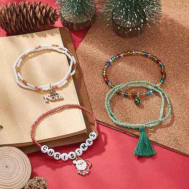 4Pcs 4 Style Word Christmas Plastic & Glass Beaded Stretch Bracelets Set(BJEW-JB09392)-5