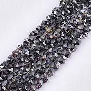 Electroplate Glass Beads Strands, Half Plated, Faceted, Diamond, Black, 4~4.5x4x3~3.5mm, Hole: 0.8mm, about 100pcs/strand, 11.8 inch(EGLA-S179-03B-D02)