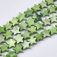 Freshwater Shell Beads Strands, Dyed, Star, Green, 9~10.5x9.5~11.5x2~3mm, Hole: 1mm, about 38pcs/Strand, 11.8 inch~13.3 inch(SHEL-T014-009C)