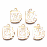 Eco-Friendly Alloy Enamel Pendants, Cadmium Free & Lead Free & Nickel Free, Light Gold, Cup with Phrase A CUP OF TEA SOLVES EVERYTHING, White, 20x15x1.5mm, Hole: 1.6mm(X-ENAM-T011-90-NR)